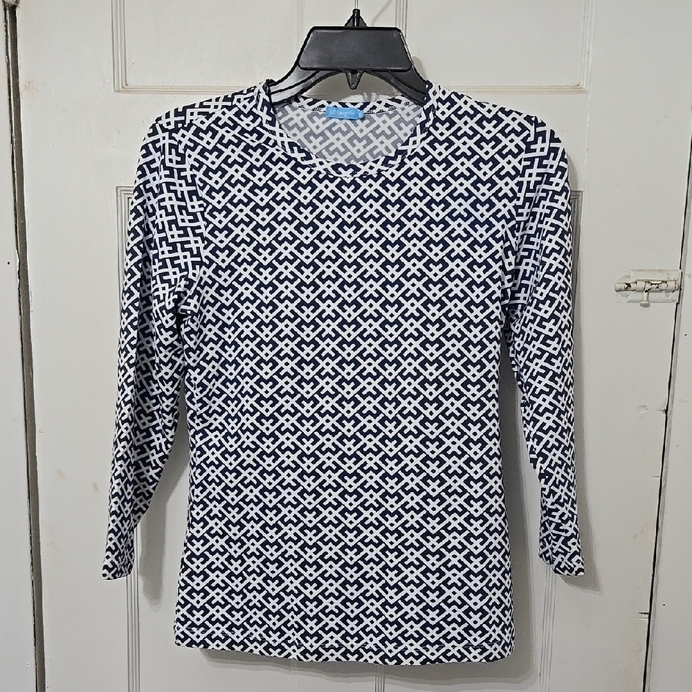 J McLaughlin Navy and White Geometric Women's Top Blouse 3/4 Sleeve